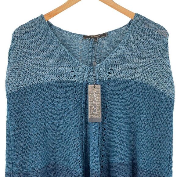 Max Sport Dark Ink Combo Fringed Poncho Sweater V-Neck S/M Blue MX13506-1 NWT - Picture 2 of 11